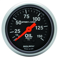 Sport-Comp- Mechanical Oil Pressure Gauge- 2 1/16 in.- 0 - 150 psi- Incl. 1/8/0.25 in. NPT Fittings- 6 ft. Nylon Tubing