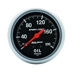 Sport-Comp- Mechanical Oil Pressure Gauge- 2 5/8 in.- 0 - 200 psi- Incl. 1/8/0.25 in. NPT Fittings- 6 ft. Nylon Tubing