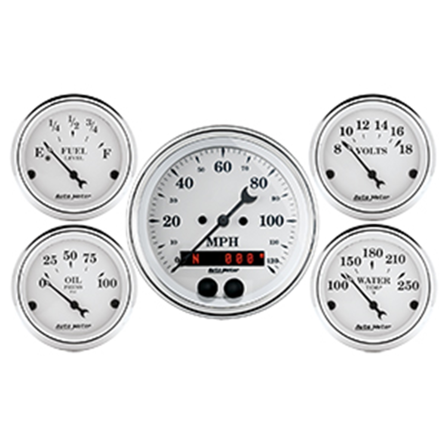 Auto Meter Auto Meter 1650 Old Tyme White; 5 Gauge Set; Fuel/Oil/Speedo/Volt/Water