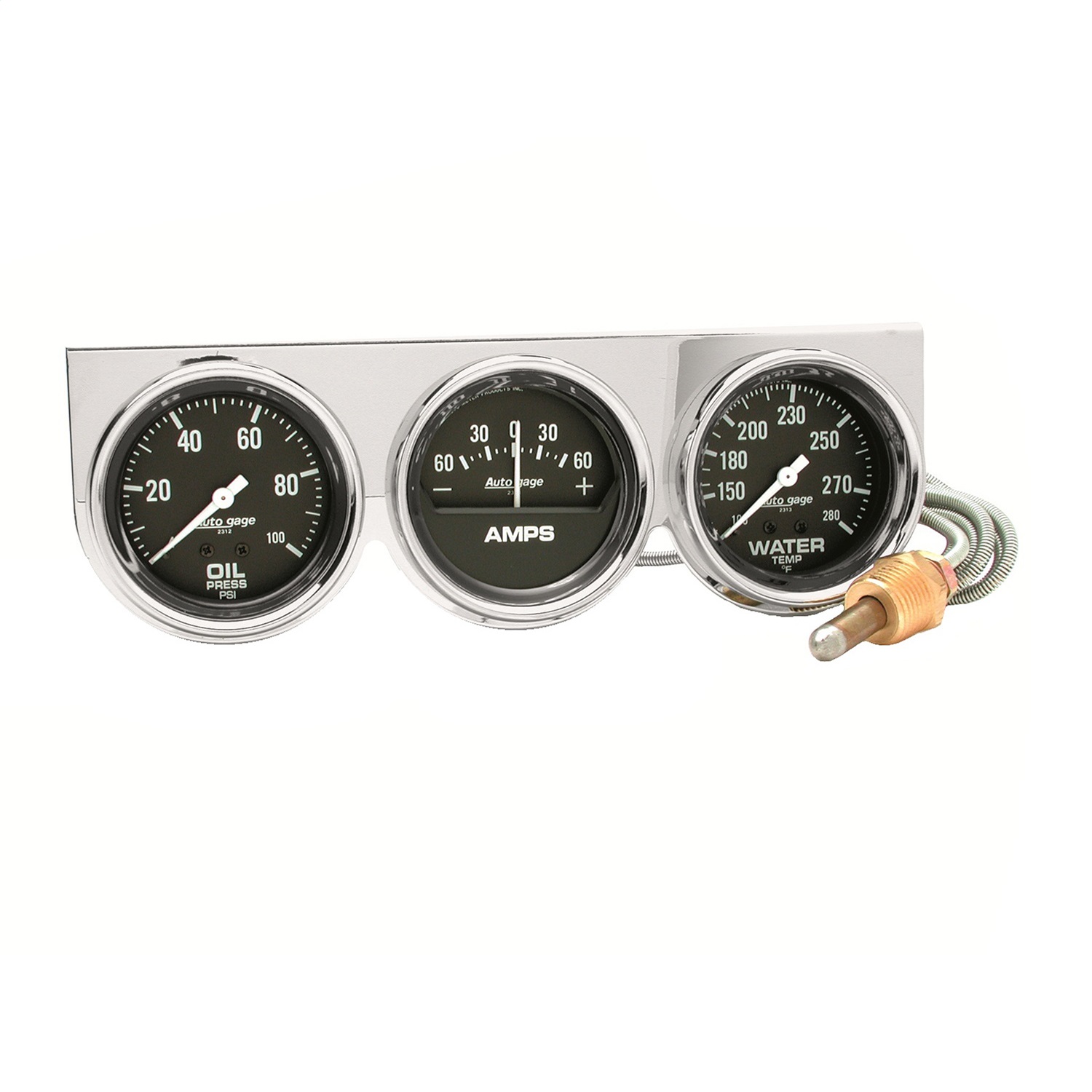 Auto Meter Auto Meter 2395 Autogage; Black Oil/Amp/Water; Chrome Console