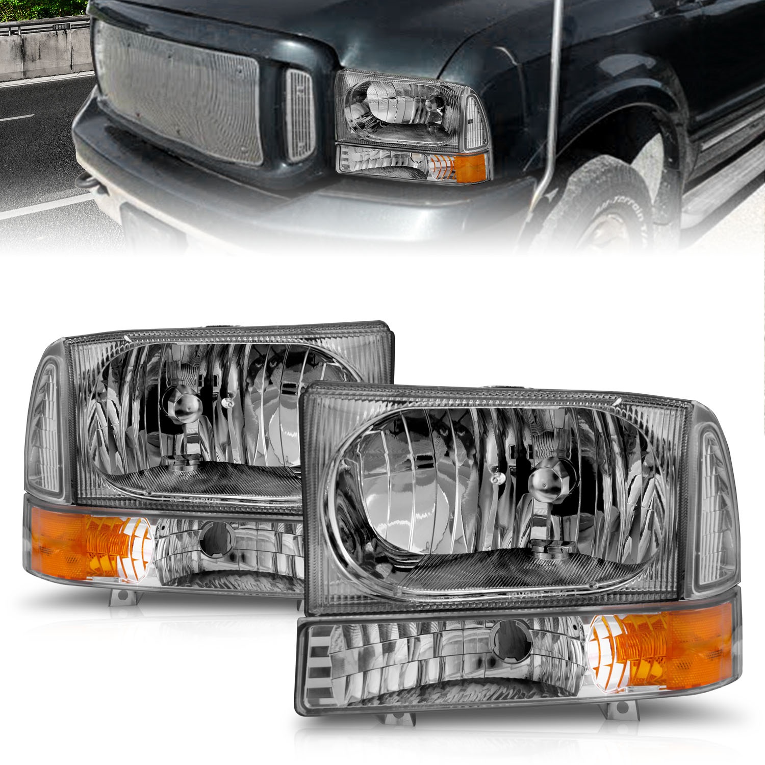 ANZO 111081 CRYSTAL HEADLIGHTS CHROME CLEAR w/ LED 2000-04 Superduty/Excursion