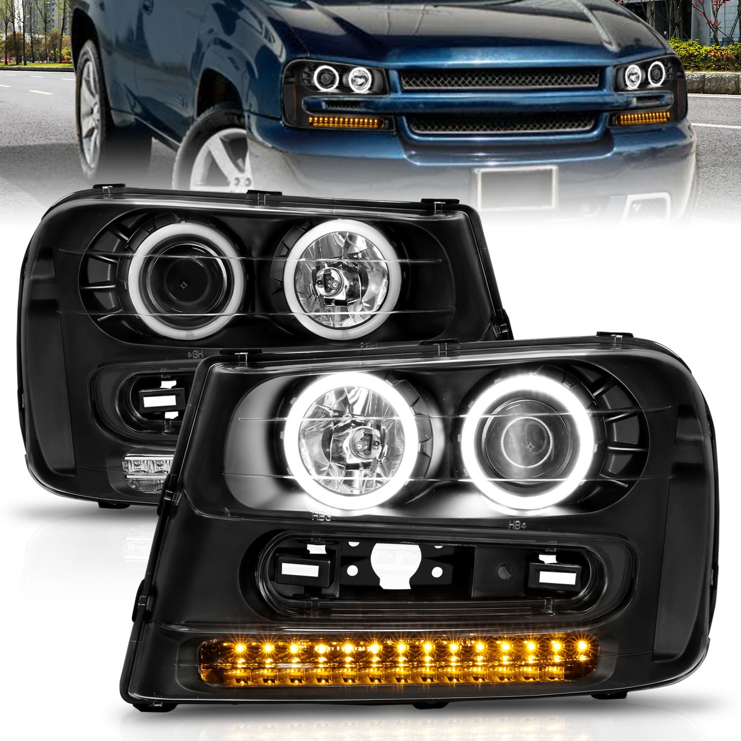 ANZO 111127 PROJECTOR HEADLIGHTS w/ HALO BLACK CLEAR 2002-2009 Trailblazer