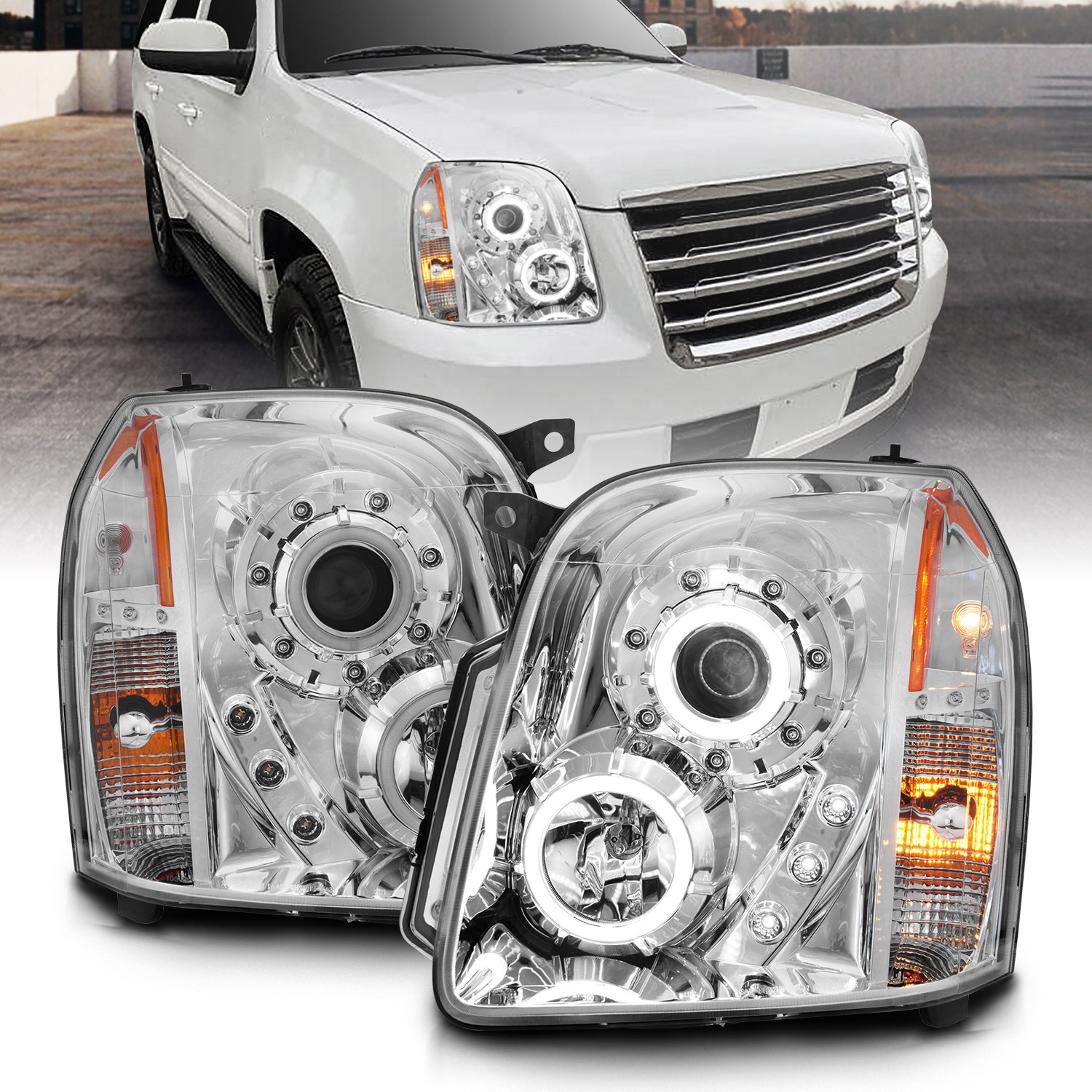 ANZO 111147 PROJECTOR HEADLIGHTS w/ HALO CHROME CLEAR  (CCFL) 2007-2013 Yukon