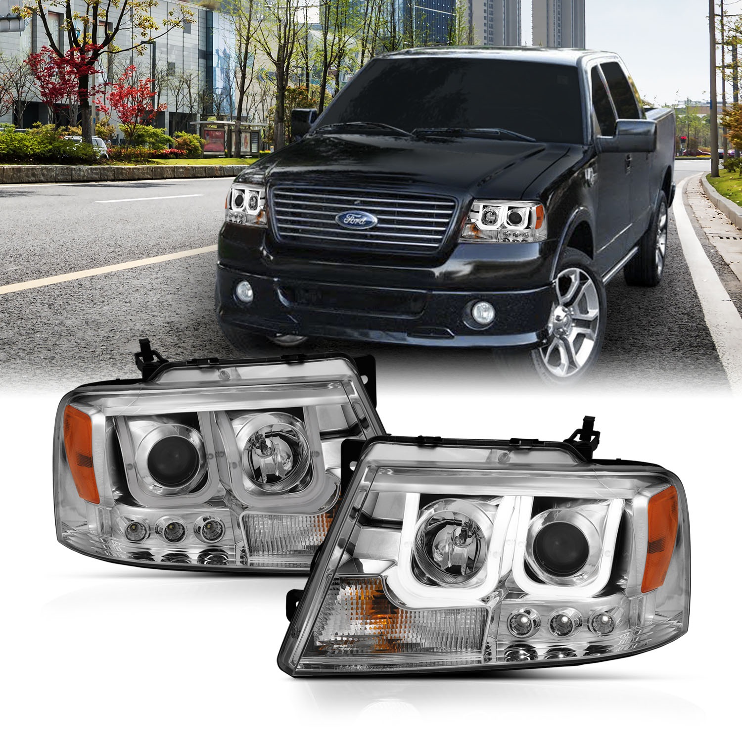 ANZO 111287 PROJECTOR HEADLIGHTS w/ U-BAR CHROME CLEAR 1997-2003 F-150