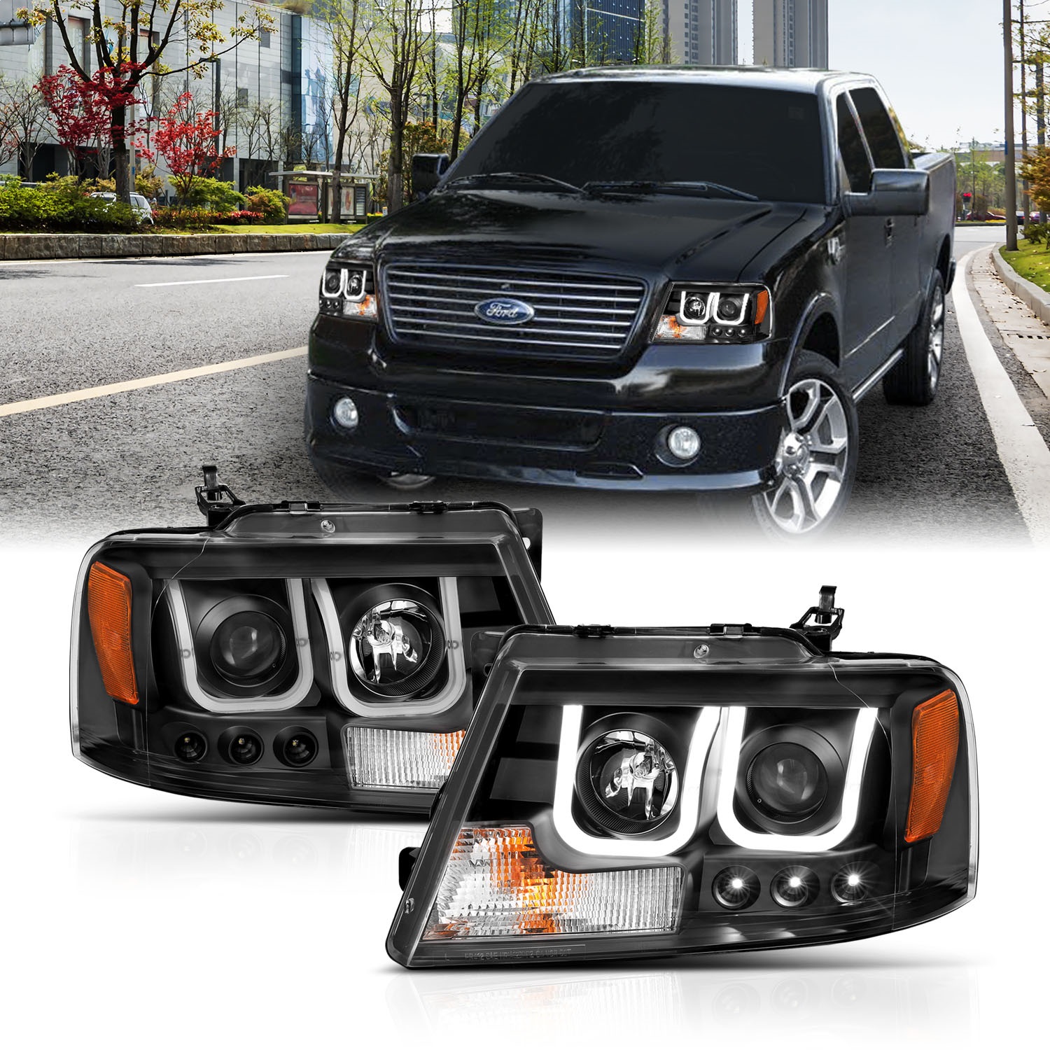 ANZO 111288 PROJECTOR HEADLIGHTS w/ U-BAR BLACK CLEAR 2004-2008 F-150