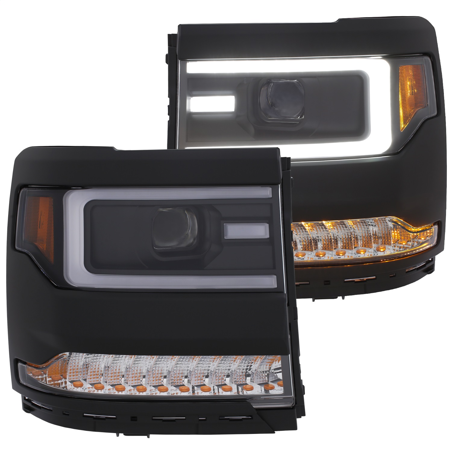 Anzo 111373 Black Plank Style Projector Headlights w/Amber for Silverado 1500