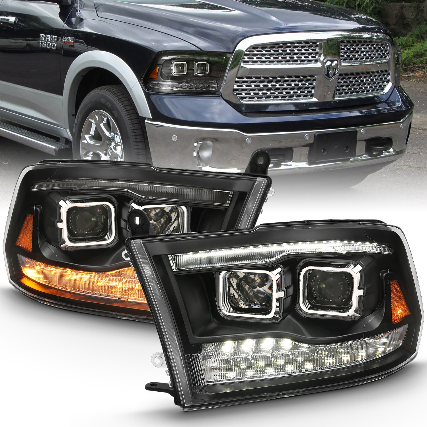 Anzo Fit 2009-2018 Dodge Ram 1500 Projector H.L. Switchback Black Amber
