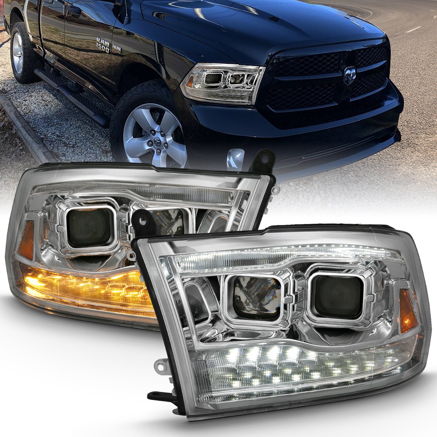 Anzo Fit 2009-2018 Dodge Ram 1500 Projector H.L. Switchback Chrome Amber