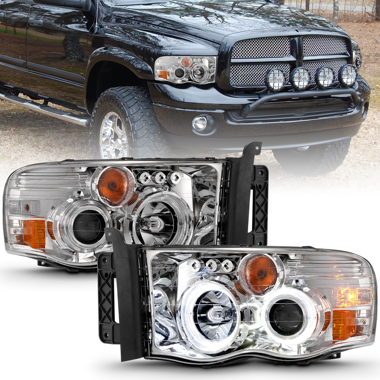 Anzo Fit 2002-2005 Ram 1500 Projector Headlights w/ Halo Chrome Clear Amber