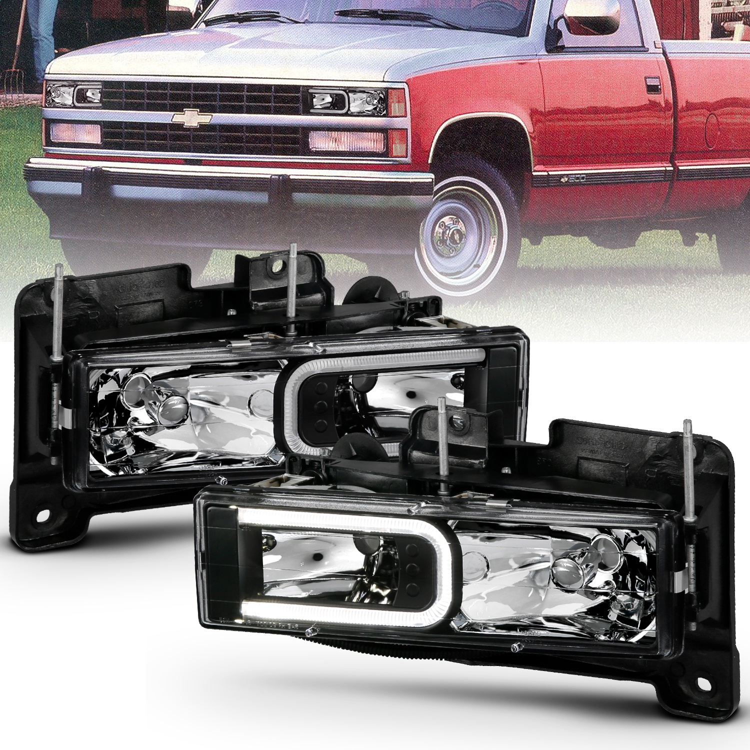 Anzo Fit 1999-2000 Escalade Crystal Headlights Light Bar Black Housing (Pair)
