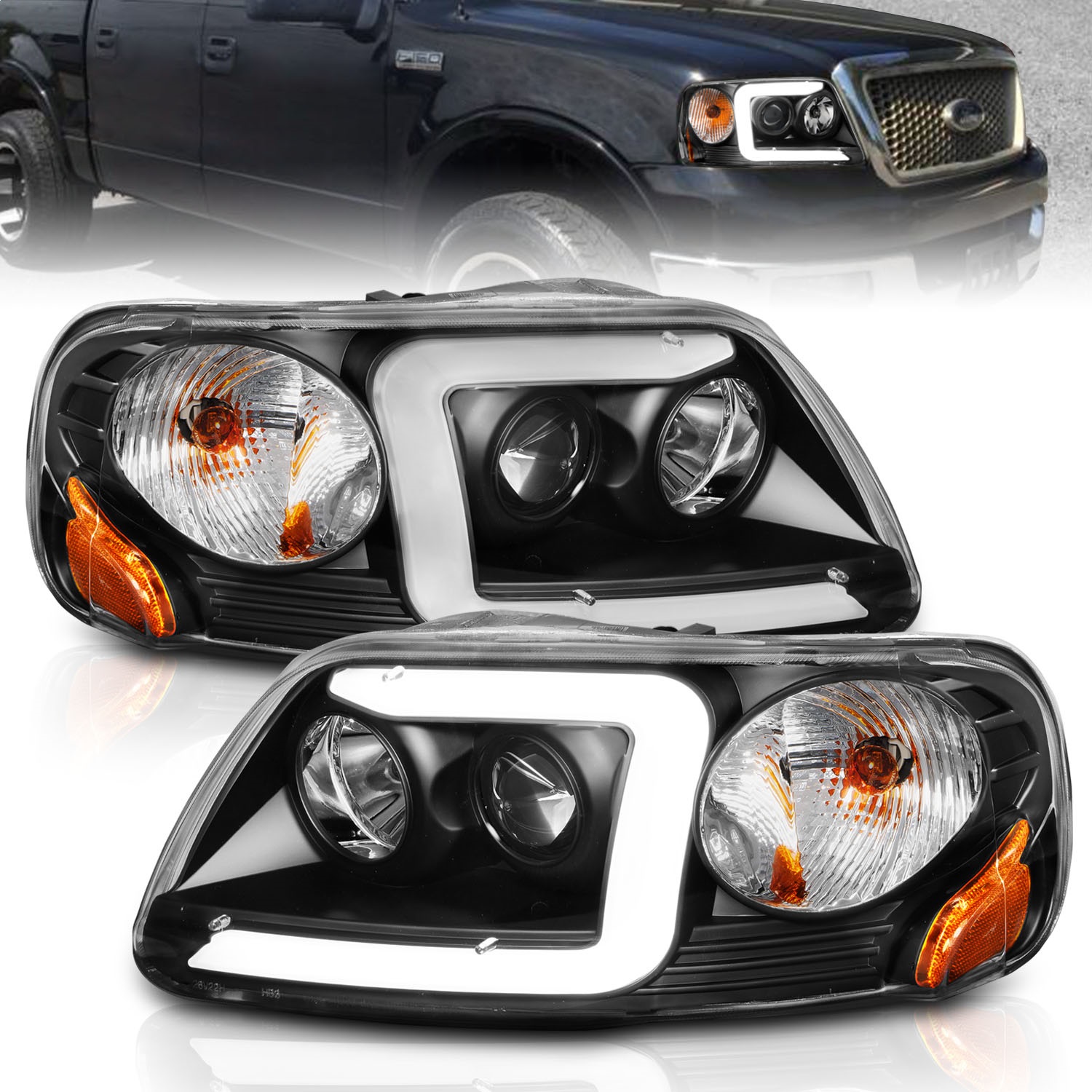 Anzo Fit 1997-2003 Ford F-150 Projector Headlights w/ Light Bar Black Housing