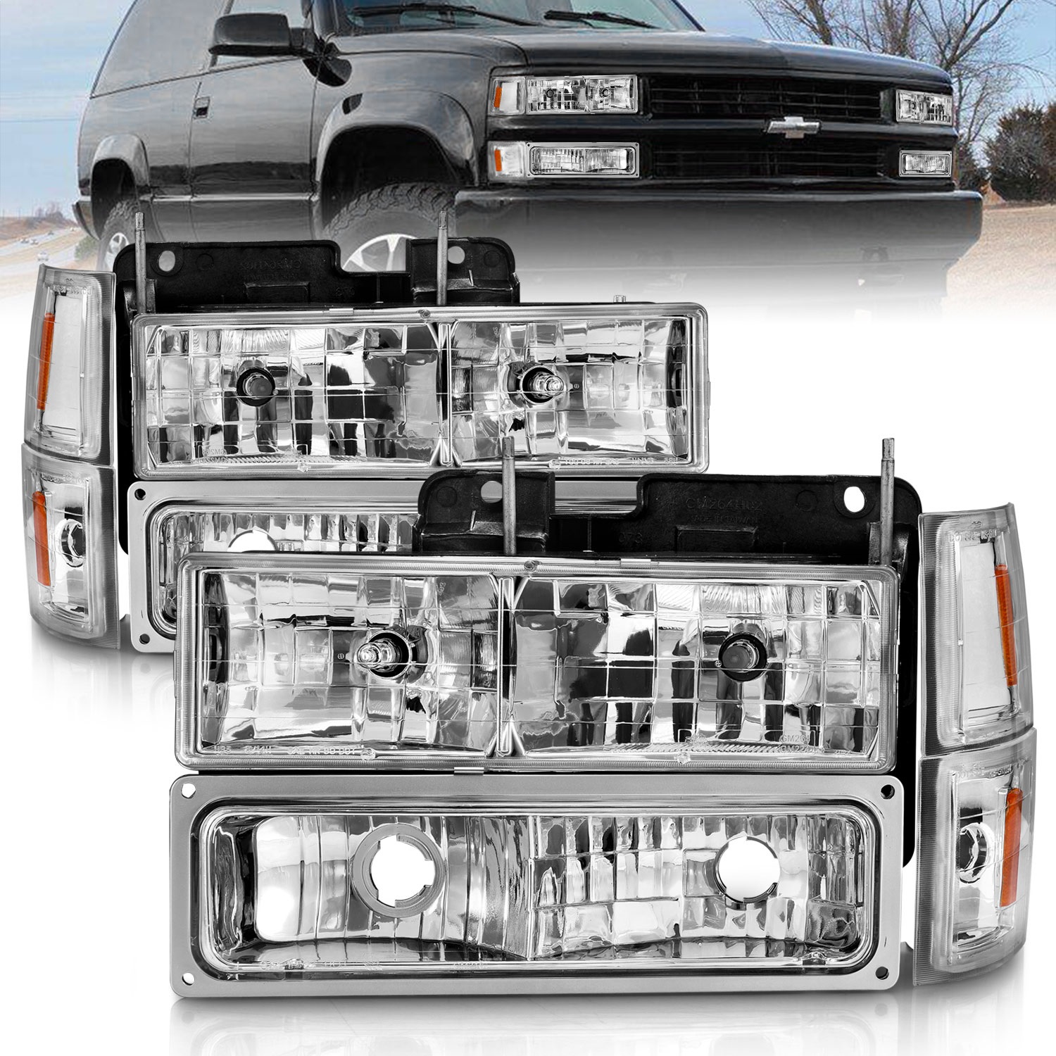 Anzo Fit 88-98 Chevy C1500 Crystal Headlights Chrome w/ Signal and Side Marker
