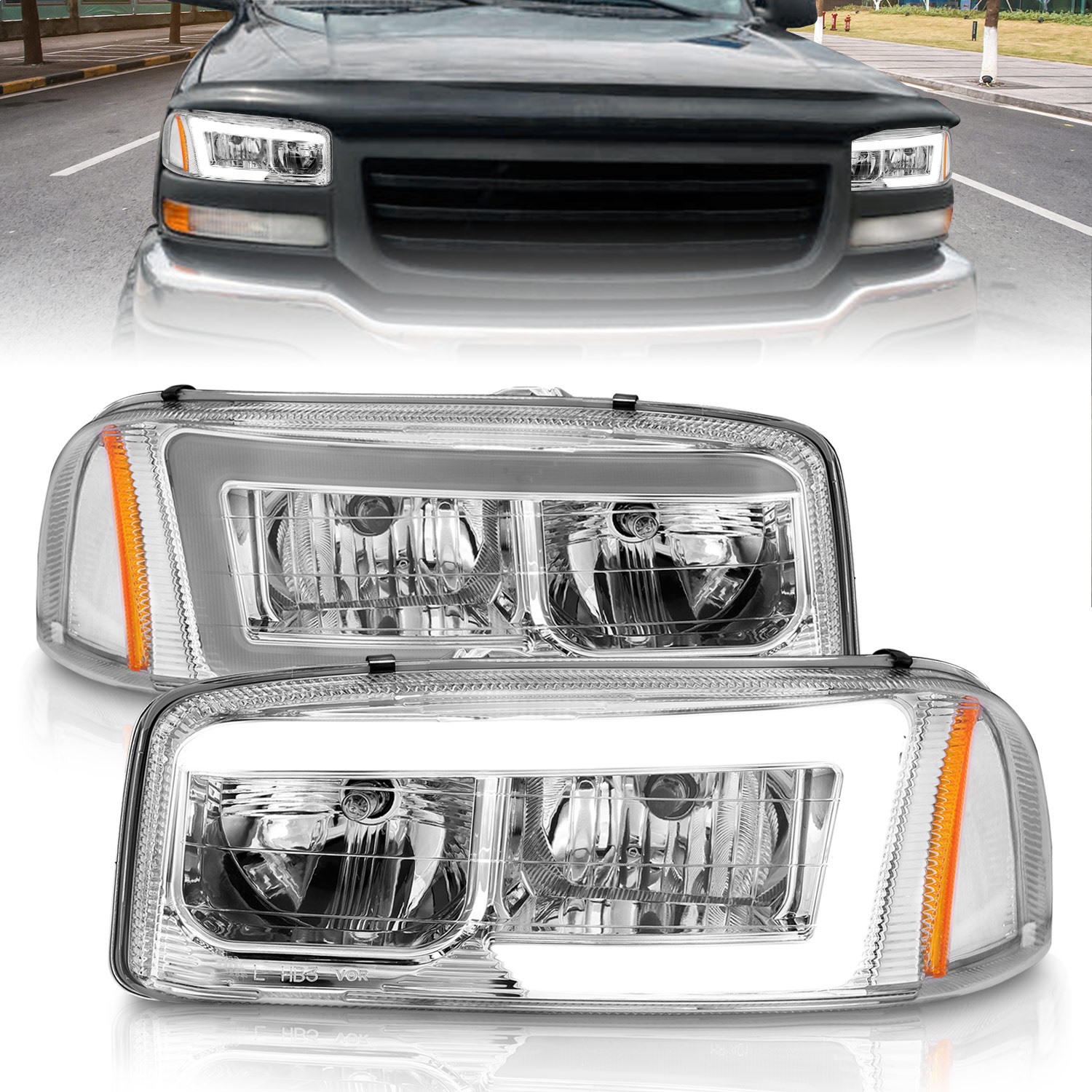 Anzo Fit 99-17 GMC Sierra/Denali Headlights Chrome Amber (w/C Light Bars)