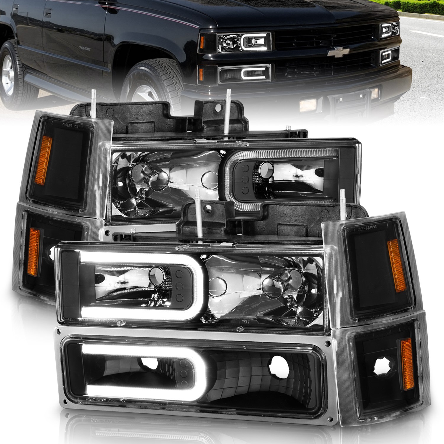Anzo Fit 88-98 Chevrolet C1500 Crystal Headlights w/ Light Bar Black Housing