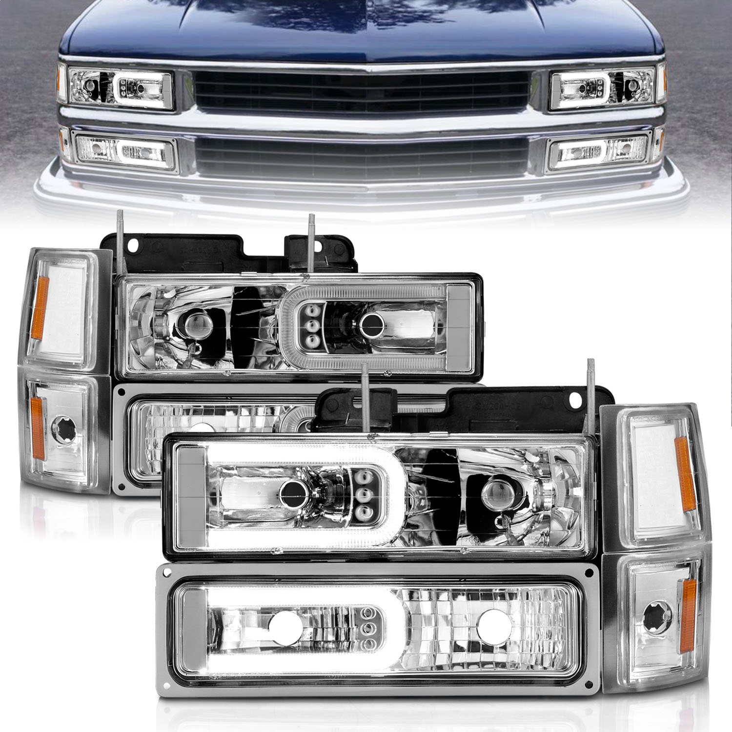 Anzo Fit 88-98 Chevrolet C1500 Crystal Headlights w/Light Bar Chrome Housing