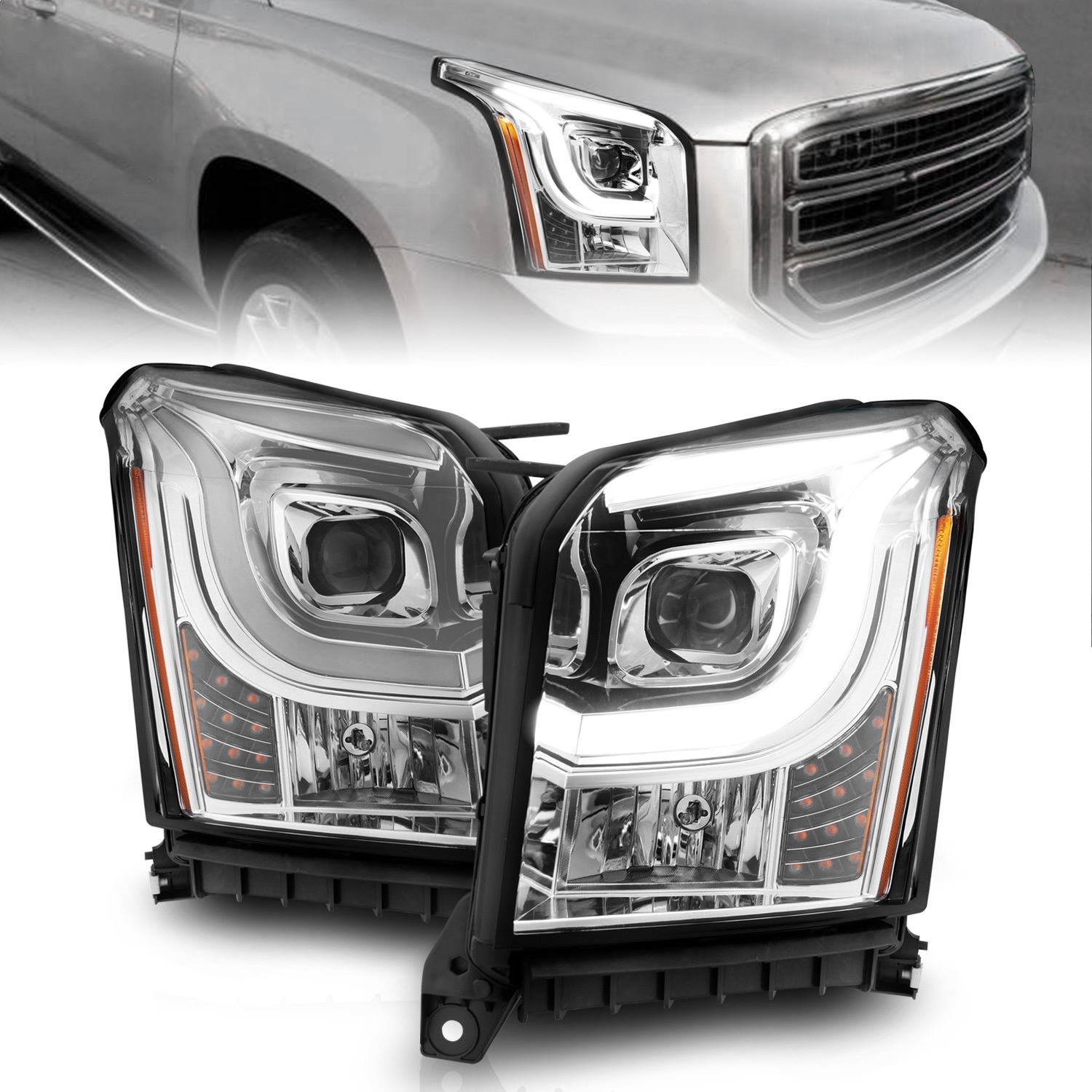 Anzo Fit 2015-2017 GMC Yukon XL Projector Headlights W Lightbar - Chrome/Amber