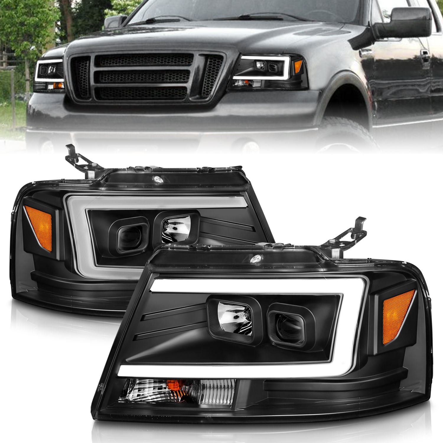 Anzo Fit 2004-2008 Ford  F-150 Projector Headlights w/ Light Bar Black Housing