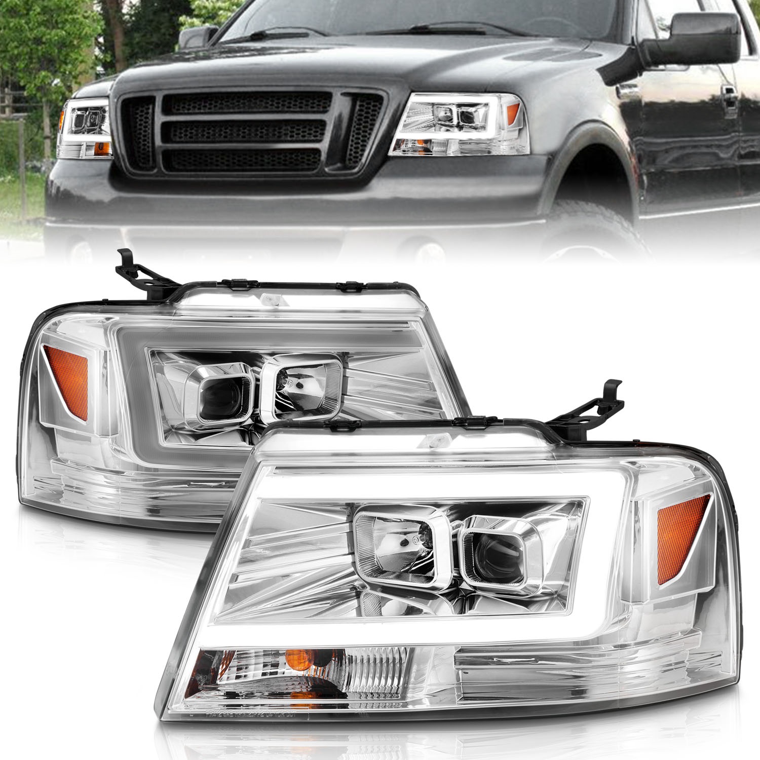 Anzo Fit 2004-2008 Ford  F-150 Projector Headlights w/ Light Bar Chrome Housing
