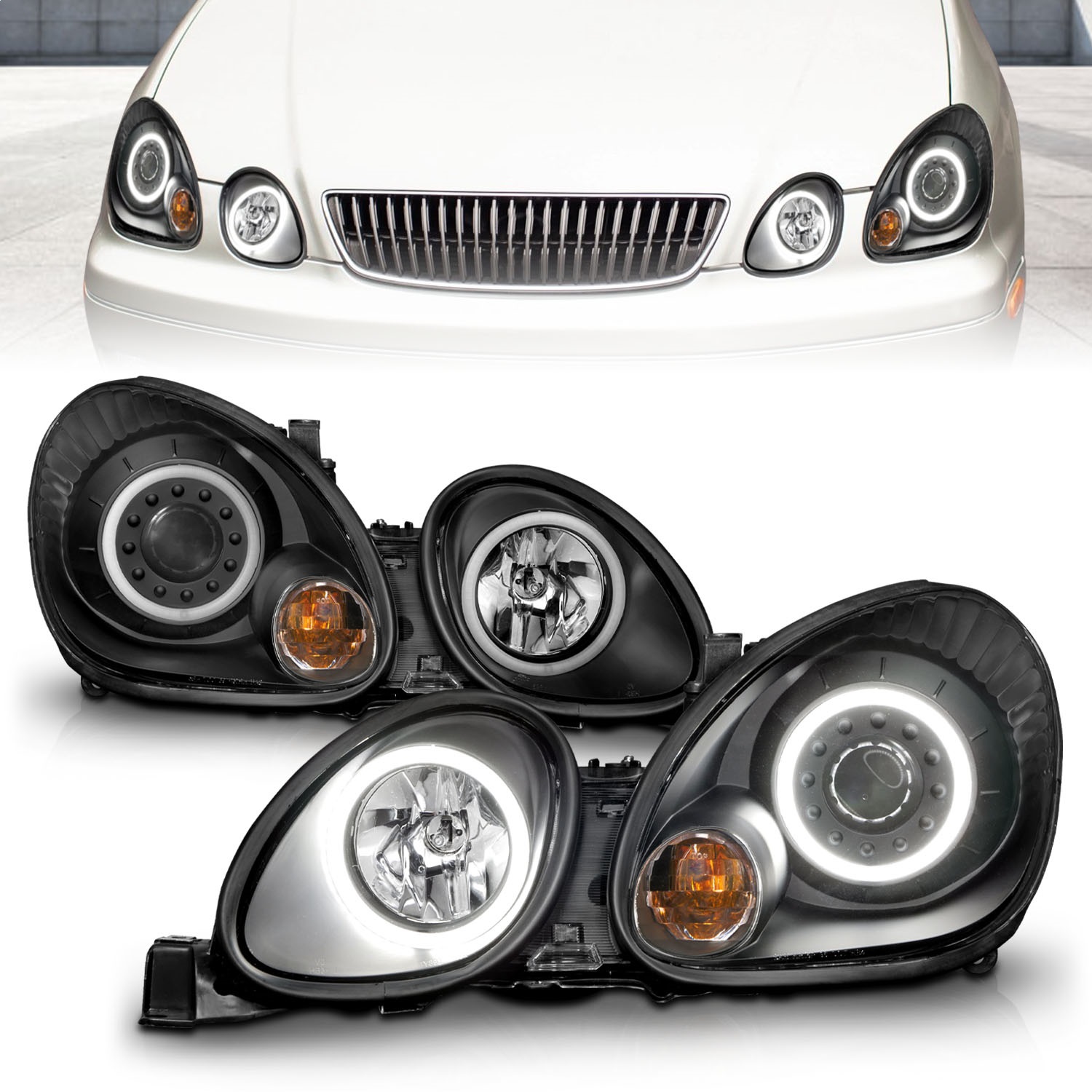 ANZO 121144 PROJECTOR HEADLIGHTS w/ HALO BLACK CLEAR For 2001-2005 GS300