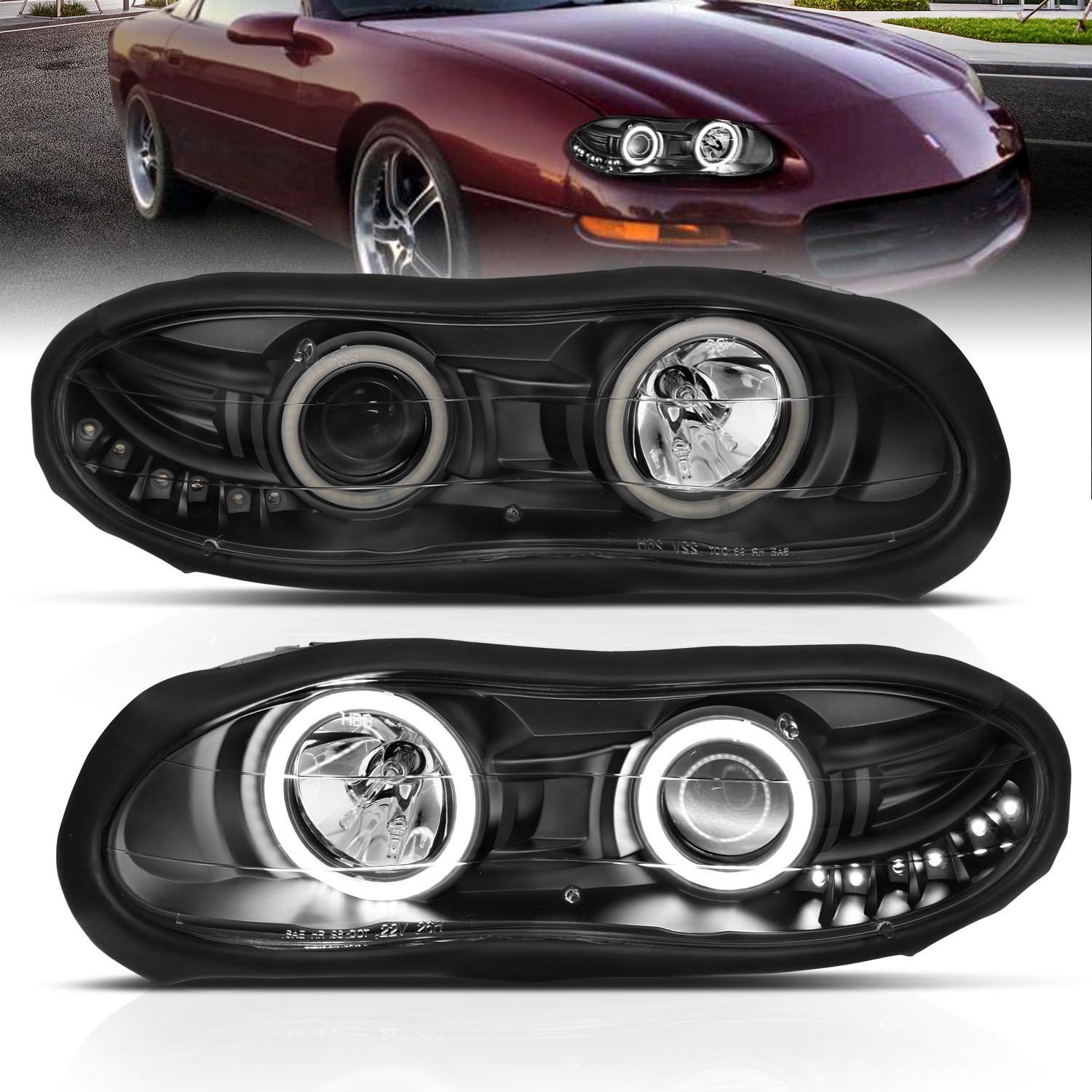 ANZO 121160 PROJECTOR HEADLIGHTS w/ HALO BLACK CLEAR 2001-2002 Camaro