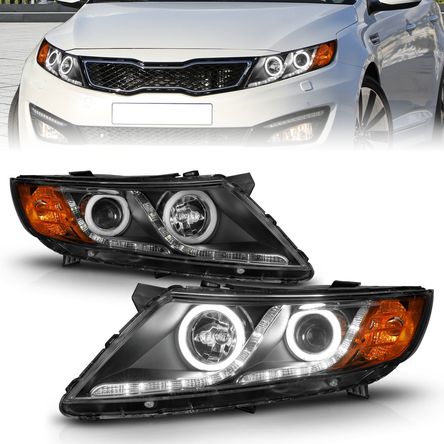 ANZO 121460 PROJECTOR HEADLIGHTS w/ HALO BLACK CLEAR For For 2011-2013 Optima