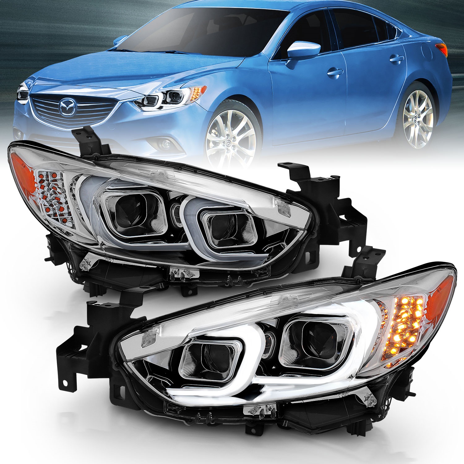Projector Headlight Set, w/Plank Style Design, Chrome w/Amber