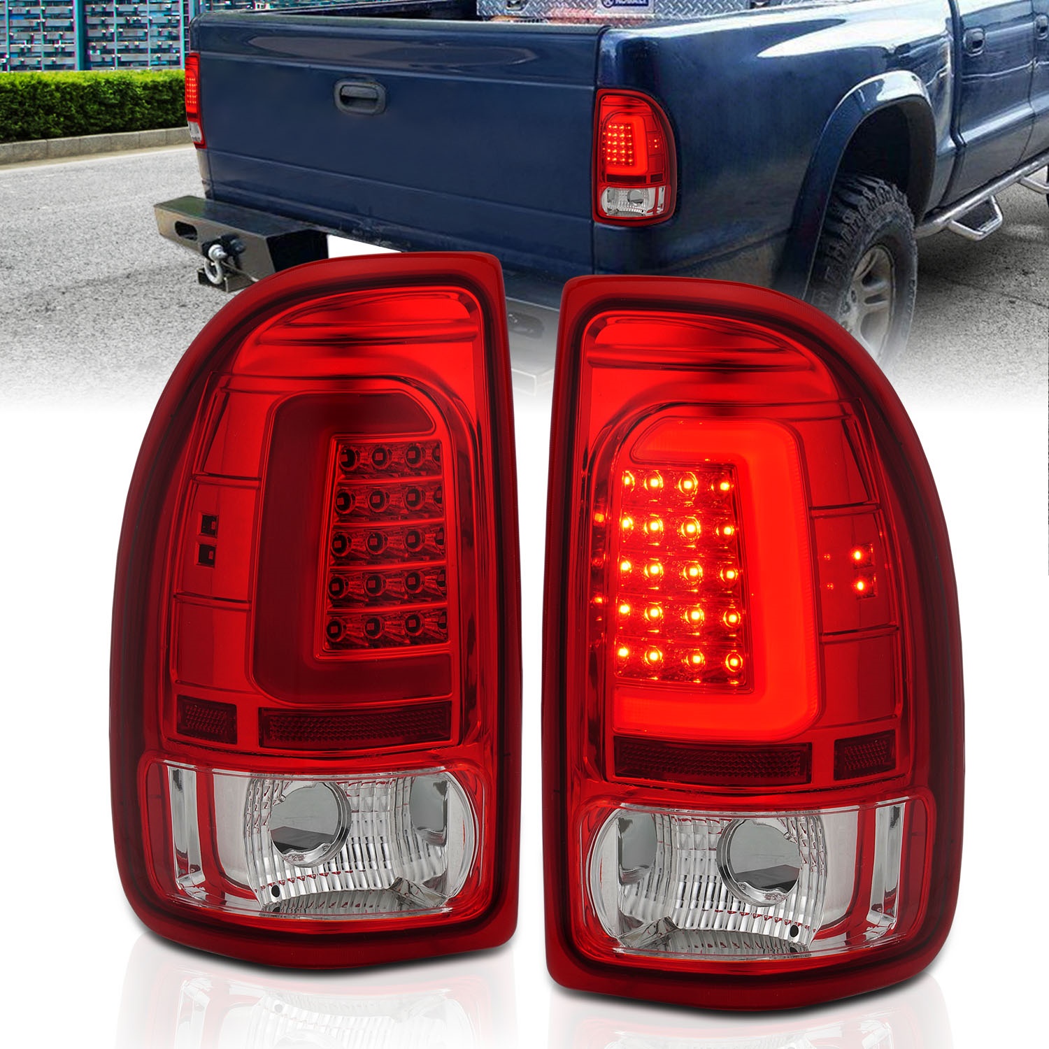 Anzo Fit 1997-2004 Dodge Dakota LED Taillights Chrome Housing Red Lens Pair